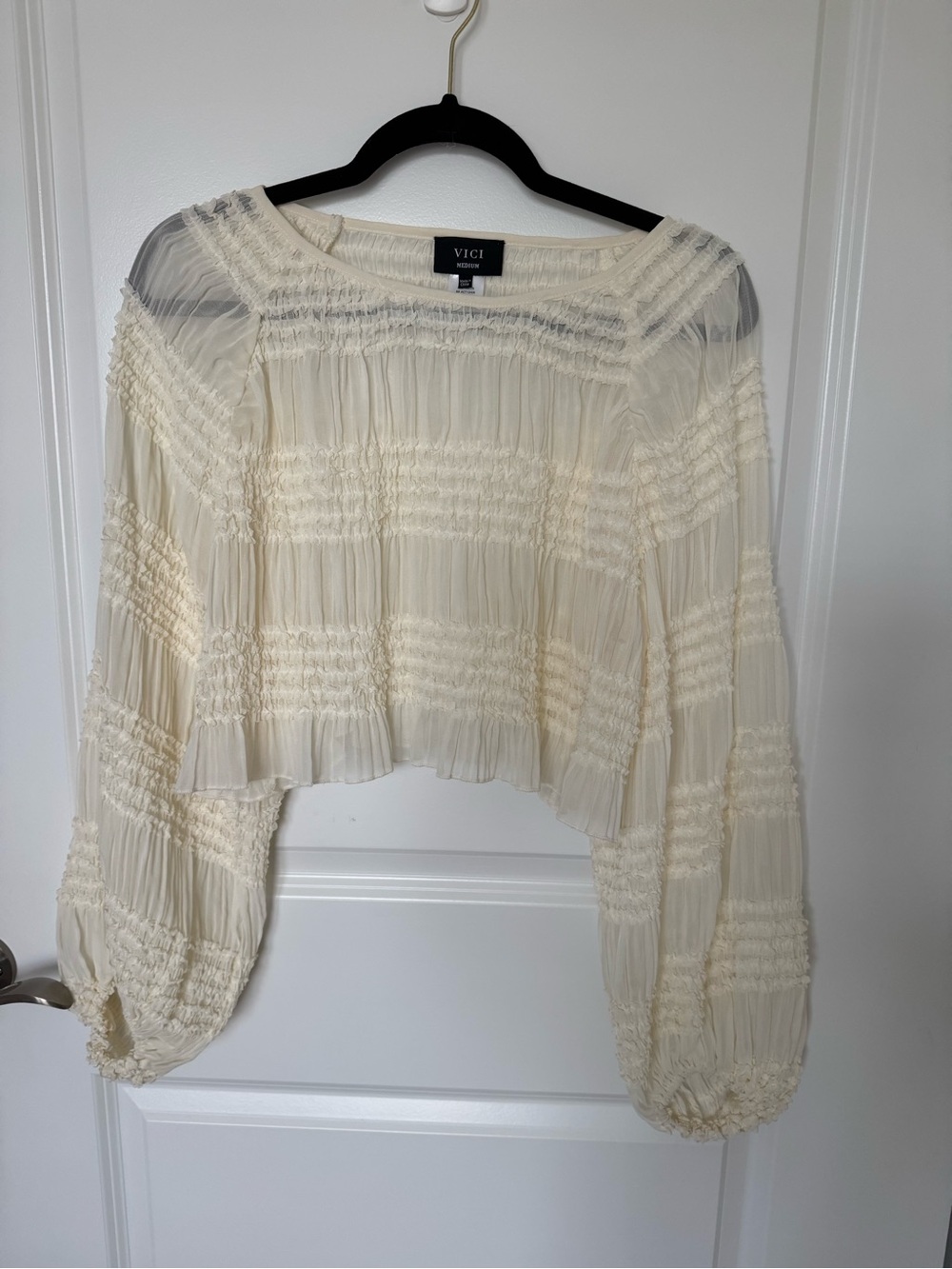 VICI Cream Smocked Pleated Balloon Sleeve Crop Blouse